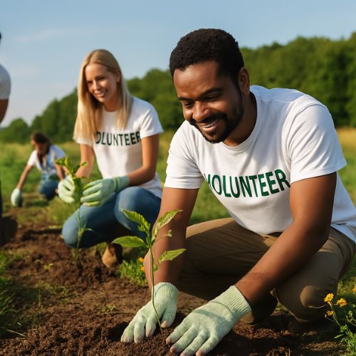 Global Mission – Shajar Dost in Action An inspiring natural scene with diverse people engaging in eco-friendly activities across a vibrant global landscape