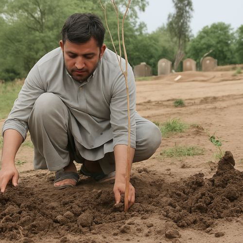 Planting at the Resting Place – Shajar Dost Muhammad Ahmad Baloch , Shajar Dost CEO planting a sapling beside graves in a peaceful setting, symbolizing remembrance and environmental stewardship